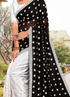 Black Faux Georgette Embroidered Half And Half Saree Party Wear