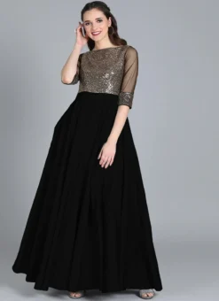 Black Full Flared Boat Neck Style Gown Party Wear -Mahra Clothing Shop black full flared boat neck style gown IWBS02207363 b