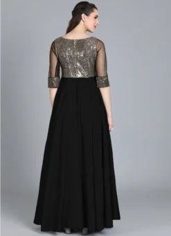 Black Full Flared Boat Neck Style Gown Party Wear