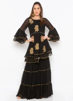 Black Georgette Embroidered Kurta Sharara Set After Six Wear -Mahra Clothing Shop black georgette embroidered kurta sharara set krsmnc1996ks u