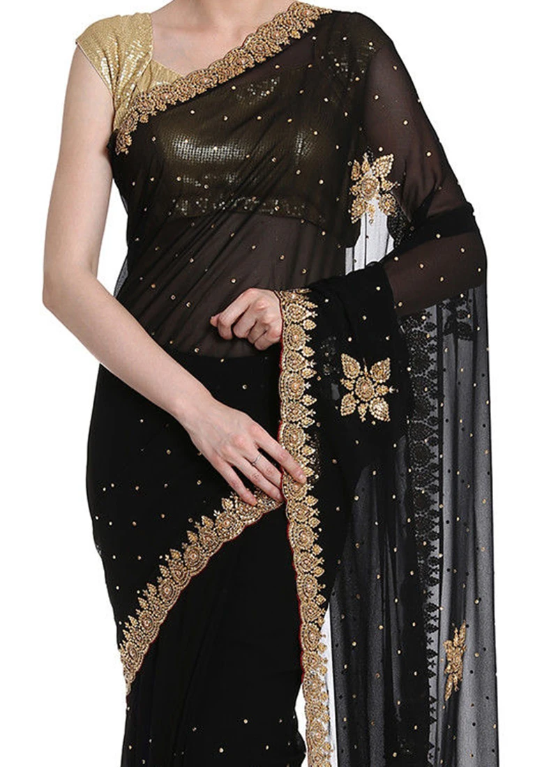 Black Georgette Hand Work Saree Party Wear 1 Black Georgette Hand Work Saree Party Wear