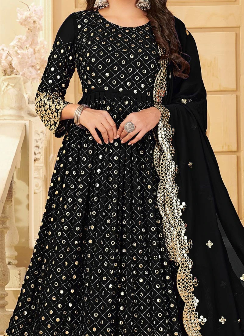 Black Georgette Mirror Embroidered Anarkali Suit Party Wear 1 Black Georgette Mirror Embroidered Anarkali Suit Party Wear