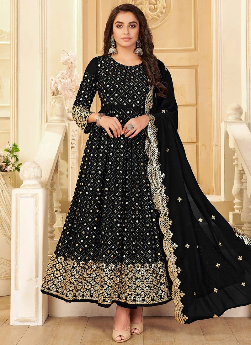 Black Georgette Mirror Embroidered Anarkali Suit Party Wear 3 Black Georgette Mirror Embroidered Anarkali Suit Party Wear - Image 3