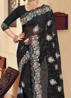 Black Georgette Resham Embroidered Saree Party Wear