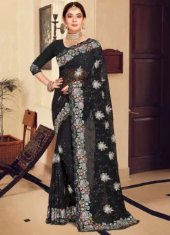 Black Georgette Resham Embroidered Saree Party Wear -Mahra Clothing Shop black georgette resham embroidered saree sasnf6391 u
