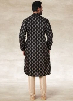 Black Handloom Cotton Printed Kurta Pyjama Festive Wear -Mahra Clothing Shop black handloom cotton printed kurta pyjama kpmsc1160 b