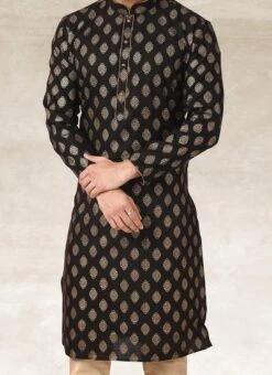 Black Handloom Cotton Printed Kurta Pyjama Festive Wear