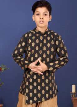 Black Jacquard Silk Boys Indowestern Sherwani Party Wear -Mahra Clothing Shop black jacquard silk boys indowestern sherwani kdbkvs652 b