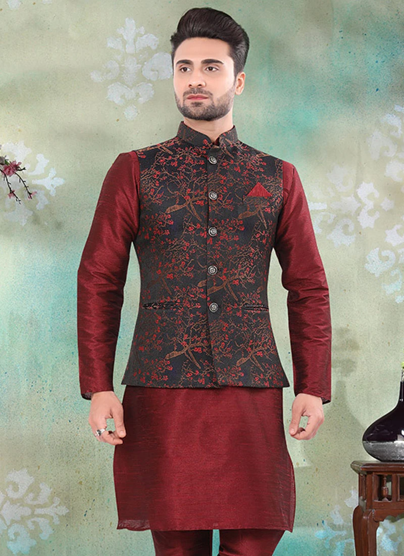 Black Jacquard Silk Printed Nehru Jacket 3 Black Jacquard Silk Printed Nehru Jacket - Image 3