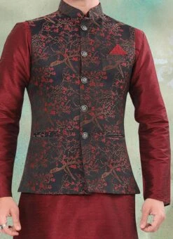 Black Jacquard Silk Printed Nehru Jacket