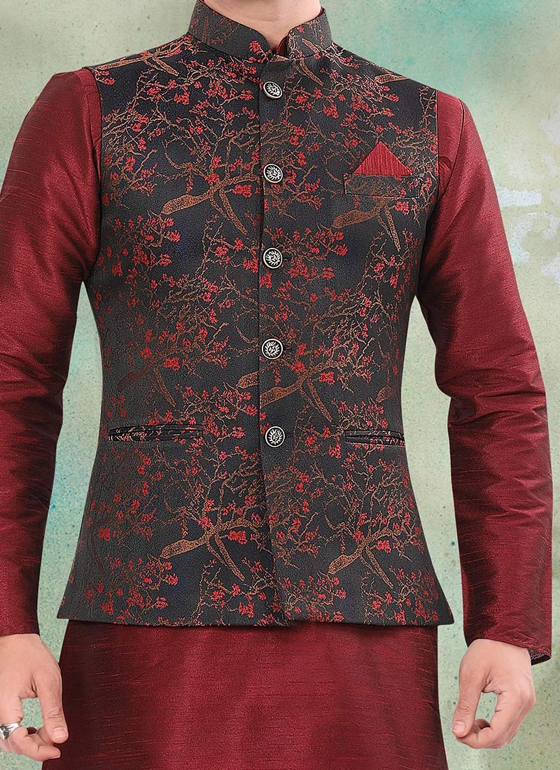 Black Jacquard Silk Printed Nehru Jacket 1 Black Jacquard Silk Printed Nehru Jacket