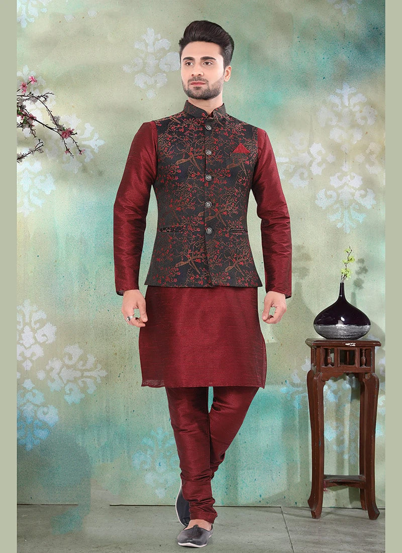 Black Jacquard Silk Printed Nehru Jacket 2 Black Jacquard Silk Printed Nehru Jacket - Image 2