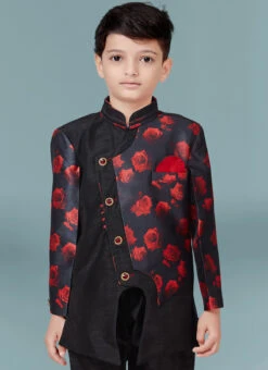 Black Jacquard Silk Printed Work Indowestern Sherwani Party Wear -Mahra Clothing Shop black jacquard silk printed work indowestern sherwani kdbmsgr527 b