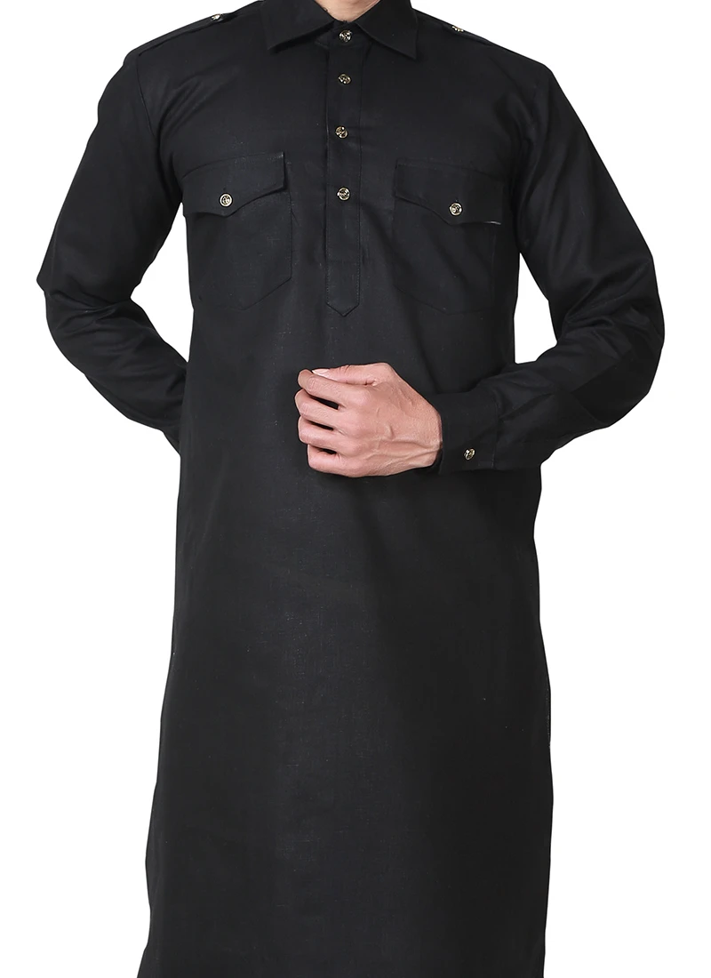 Black Linen Cotton Pathani Set 1 Black Linen Cotton Pathani Set