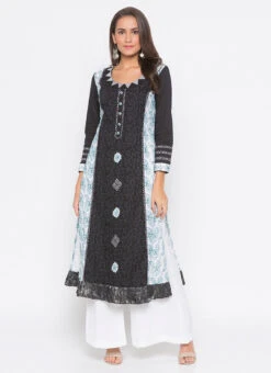 Black N White Cotton Printed Kurta Palazzo Set After Six Wear -Mahra Clothing Shop black n white cotton printed kurta palazzo set krsmnc1991ks u