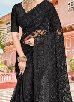 Black Net Thread Embroidered Saree Party Wear