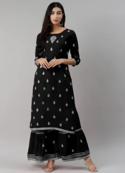 Black Rayon Embroidery Kurta Sharara Set Party Wear -Mahra Clothing Shop black rayon embroidery kurta sharara set krsdmf7143g u