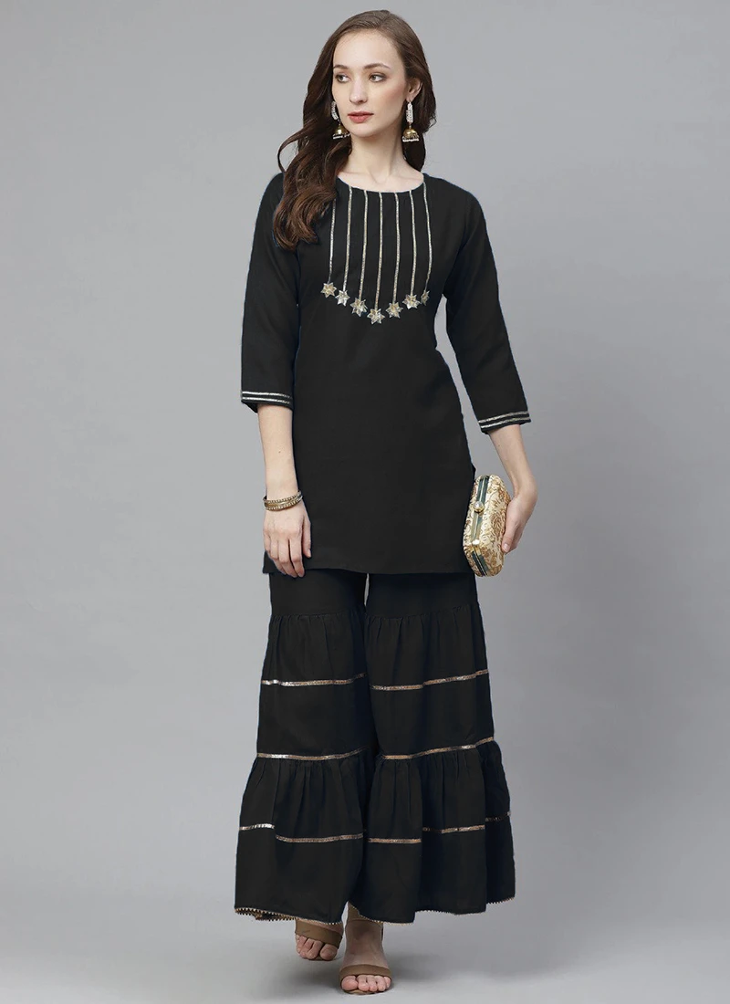 Black Rayon Kurta Sharara Set Party Wear 3 Black Rayon Kurta Sharara Set Party Wear - Image 3