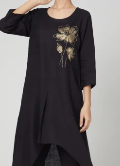 Black Rayon Slub Kurta Straight Pant Set Work Wear