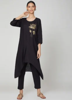 Black Rayon Slub Kurta Straight Pant Set Work Wear -Mahra Clothing Shop black rayon slub kurta straight pant set krsdvcsvts23 u