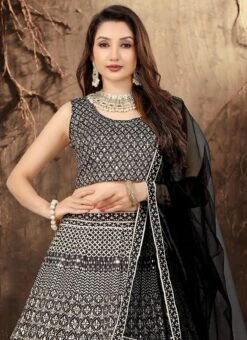 Black Satin Blend Embroidered A Line Lehenga Party Wear -Mahra Clothing Shop black satin blend embroidered a line lehenga ghska470211086 b