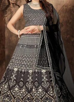 Black Satin Blend Embroidered A Line Lehenga Party Wear