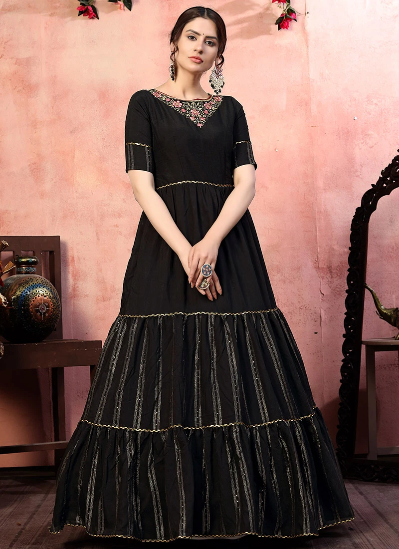 Black Silk Anarkali Gown Party Wear 3 Black Silk Anarkali Gown Party Wear - Image 3