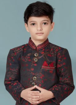 Black Silk Jacquard Indowestern Sherwani Party Wear -Mahra Clothing Shop black silk jacquard indowestern sherwani kdbmsgr520 b