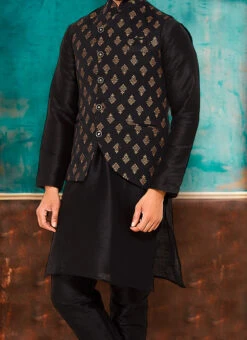 Black Terry Rayon Printed Nehru Jacket