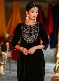 Black Velvet Kurta Set Work Wear -Mahra Clothing Shop black velvet kurta set krsdmf7330bk b
