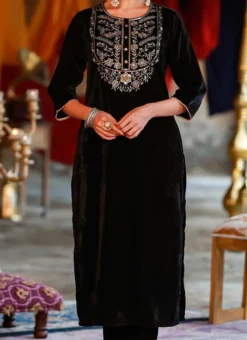Black Velvet Kurta Set Work Wear