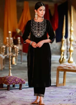 Black Velvet Kurta Set Work Wear -Mahra Clothing Shop black velvet kurta set krsdmf7330bk u