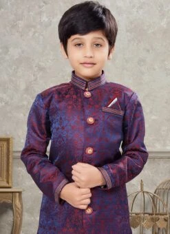 Blue And Maroon Art Silk Jacquard Indowestern Sherwani Party Wear -Mahra Clothing Shop blue and maroon art silk jacquard indowestern sherwani kdbsgr615 b