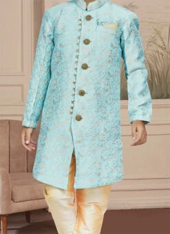 Blue Art Silk Embroidered Indowestern Sherwani For Boys Festive Wear