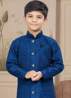 Blue Art Silk Embroidered Sherwani For Boys Festive Wear -Mahra Clothing Shop blue art silk embroidered sherwani for boys kdbmsgr582 b