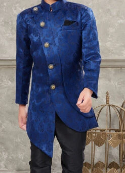 Blue Art Silk Jacquard Indowestern Sherwani Party Wear