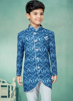 Blue Art Silk Printed Indowestern Sherwani Party Wear -Mahra Clothing Shop blue art silk printed indowestern sherwani kdbmsgrk575 b