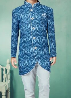 Blue Art Silk Printed Indowestern Sherwani Party Wear