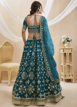 Teal Blue Art Silk Zari Mirror Work Umbrella Lehenga Wedding Wear -Mahra Clothing Shop blue art silkzari mirror work umbrella lahanga ghska46541006 b