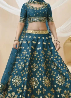 Teal Blue Art Silk Zari Mirror Work Umbrella Lehenga Wedding Wear