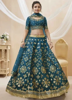 Teal Blue Art Silk Zari Mirror Work Umbrella Lehenga Wedding Wear -Mahra Clothing Shop blue art silkzari mirror work umbrella lahanga ghska46541006 u