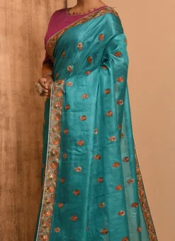 Blue Pure Tussar Silk Embroidery Work Saree Festive Wear