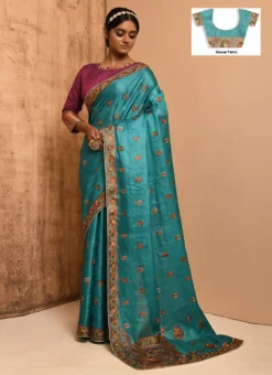 Blue Pure Tussar Silk Embroidery Work Saree Festive Wear -Mahra Clothing Shop blue banarasi silk embroidery work saree savns663i u