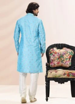 Blue Banarasi Silk Jacquard Work Kurta Pyjama Party Wear 5 Blue Banarasi Silk Jacquard Work Kurta Pyjama Party Wear -Mahra Clothing Shop blue banarasi silk jacquard work kurta pyjama kpmsc2045 b