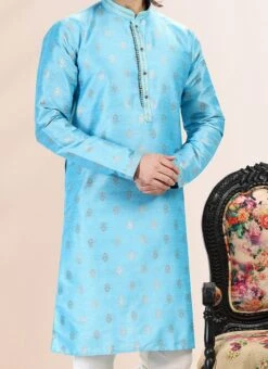 Blue Banarasi Silk Jacquard Work Kurta Pyjama Party Wear