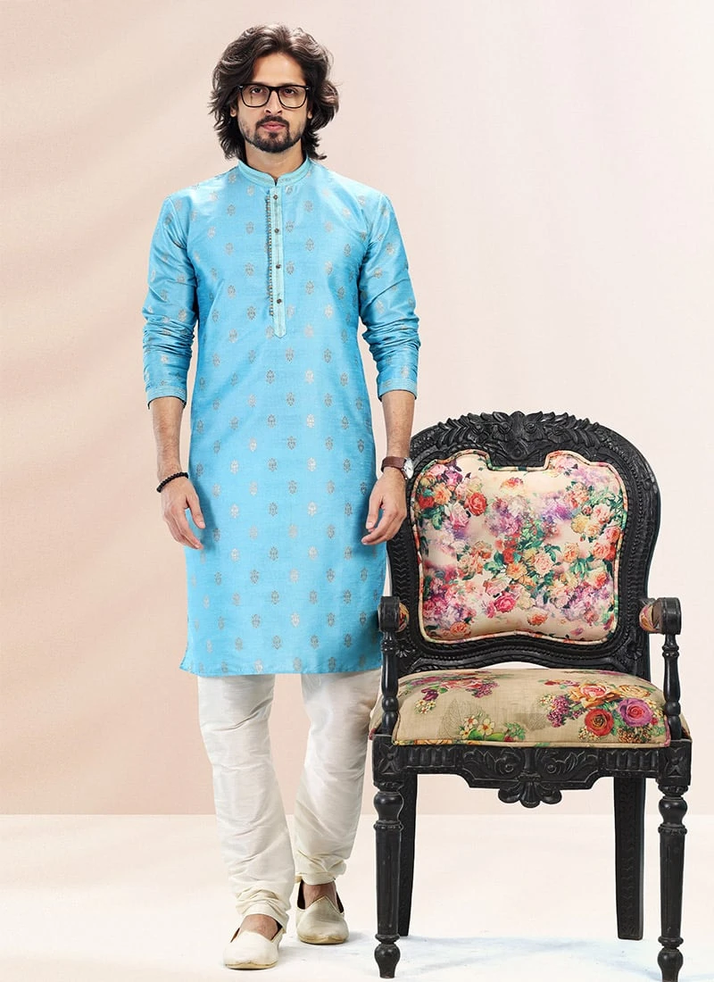 Blue Banarasi Silk Jacquard Work Kurta Pyjama Party Wear 2 Blue Banarasi Silk Jacquard Work Kurta Pyjama Party Wear - Image 2
