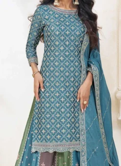 Blue Chinon Embroidered Umbrella Lehenga Party Wear