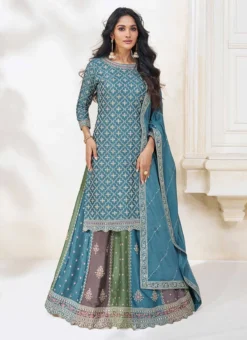 Blue Chinon Embroidered Umbrella Lehenga Party Wear -Mahra Clothing Shop blue chinon embroidered umbrella lehenga ghska47329702 u