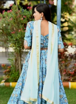 Blue Chinon Printed Umbrella Lehenga Festive Wear -Mahra Clothing Shop blue chinon printed umbrella lehenga ghsacw8304 b