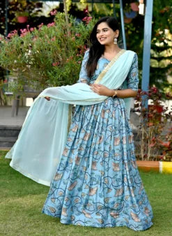 Blue Chinon Printed Umbrella Lehenga Festive Wear -Mahra Clothing Shop blue chinon printed umbrella lehenga ghsacw8304 u